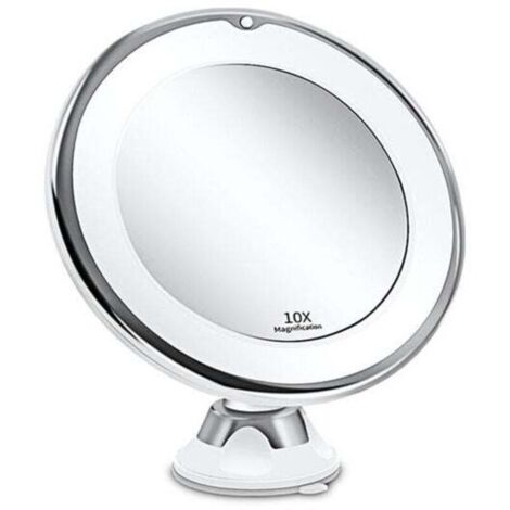 Miroir Grossissant 10x - Lumineux LED avec Forte Ventouse - Batterie - Miroir Maquillage avec Lumière Natur Dimmable pour Les Salles de Bain - Blanc (1/4)