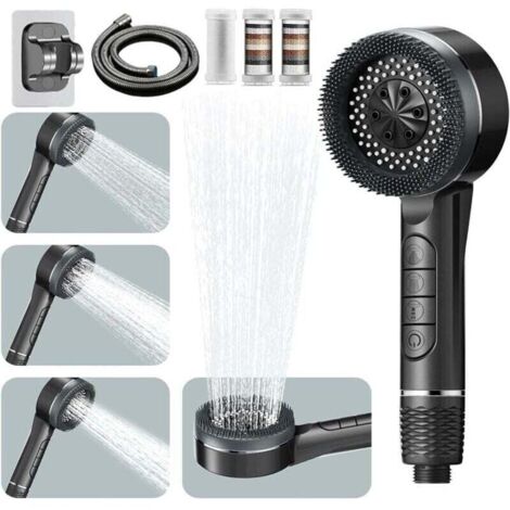 Pommeau de Douche Haute Pression, Pommeau Douche Economie Deau 4 Types de Jets Pommeau de Douche Anti Calcaire avec Tuyau Douche 1.5M et Support de Douche, avec Bouton D'arrêt D'eau, Gris (1/4)