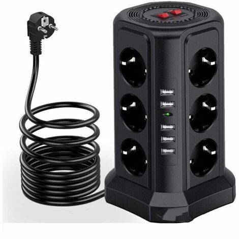Multiprise Parafoudre et Surtension - Multiprise Électrique avec 5 Ports USB et 12 Prises, 3 Interrupteurs - Couleur Noir. (1/4)