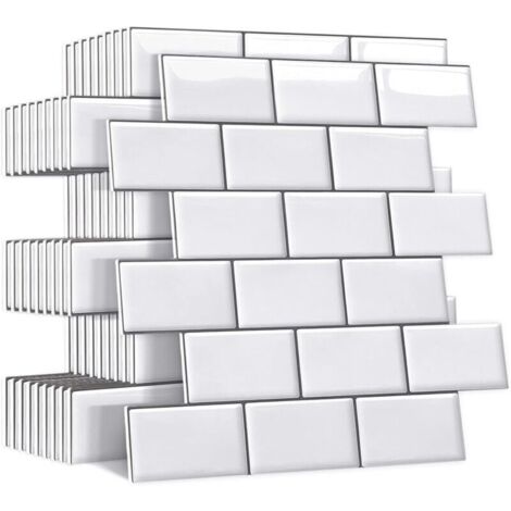 Plus épais Credence Adhesive pour Cuisine, Faux Carrelage Adhesif Mural Salle de Bain, Blanc Crédence Adhesive Metro 3D, 10 Pièces (1/4)