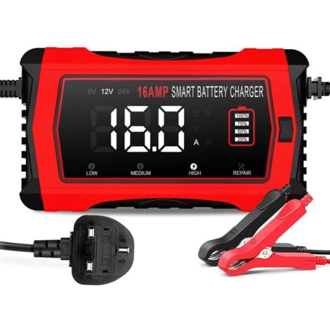Enowelir Chargeur de batterie de 16 A, chargeur de batterie au lithium LiFePO4 12 V 24 V pour voiture, camion, tondeuse à gazon, bateau (1/4)