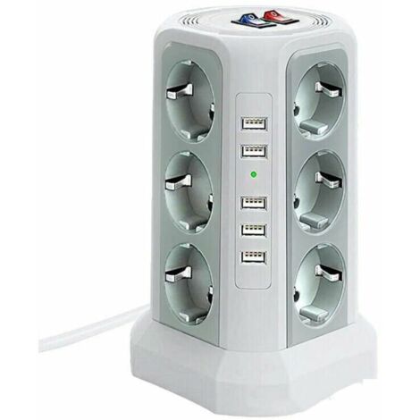 Tour multiprise parafoudre et surtension, Multiprise Electrique avec 5 Ports USB et 12 Prises, multiprise avec et 3 Interrupteurs, Blanc (1/4)