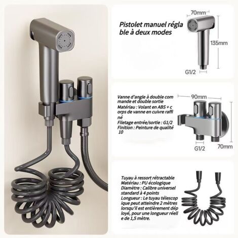 Ensemble de douchette murale pour salle de bain, accessoire de toilette, douchette à main pour bidet, double vanne de commande (1 entrée, 2 sorties) (gris) (1/4)