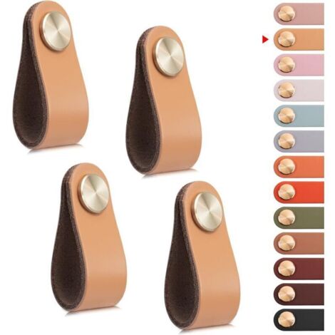 Lot de 4 poignées de meuble en cuir vintage pour armoires, commodes, cuisines et salles de bains (beige, un trou) (1/4)
