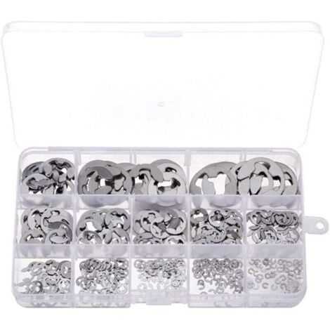AIPERQ Lot de 400 anneaux élastiques externes de type E, assortiment d'anneaux élastiques en acier inoxydable pour cannelure d'arbre de machine avec boîte d'emballage (1/4)