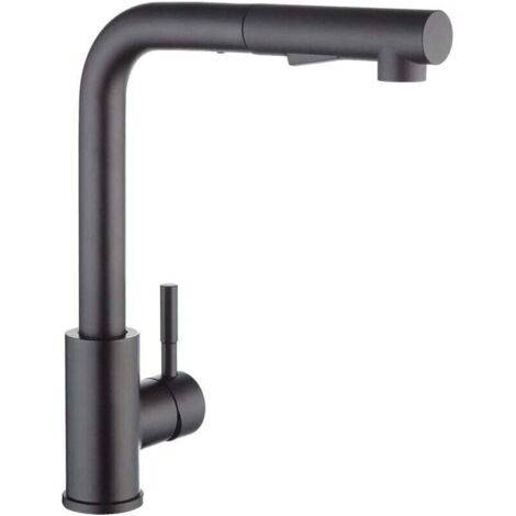 Robinet de cuisine avec douchette noire, mitigeur de cuisine avec douchette extractible, robinet de cuisine en acier inoxydable 304 brossé, mitigeur d'évier rotatif à 360°, robinet d'évier à 2 jets (1/4)