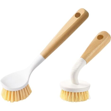 Brosse à vaisselle avec manche, brosse à récurer à manche long et court, brosse à vaisselle naturelle à poils résistants pour le nettoyage des couverts, poêles, casseroles et évier de cuisine, lot de (1/5)