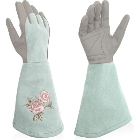 Gants de jardinage pour femme - Gants de travail longs en cuir synthétique, doigts longs, résistants aux perforations, pour le jardinage, bleu clair, taille L (1/5)