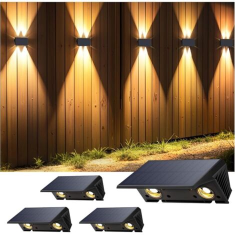 Applique Solaire Extérieur, Nouvelle Génération 2025 Haut & Bas Applique Murale Solaire Blanc Chaud 1500mAh Lampe Solaire Murale Extérieur IP67 Étanche 4 Articles 100 Lumens pour Clôture Jardin [Class (1/5)