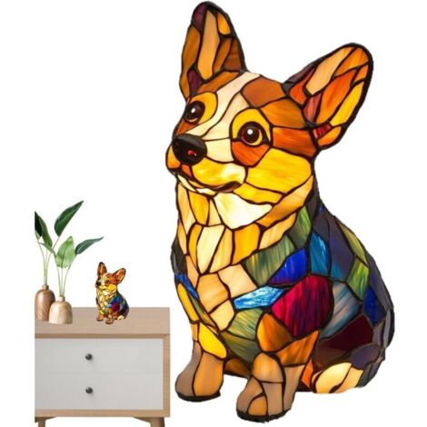 Lampe en vitrail animal - Lampe chat en vitrail vintage Veilleuse de chevet en forme d'animal faite à la main Veilleuse décorative à LED colorée pour la maison, la chambre à coucher, Corgi A (1/5)