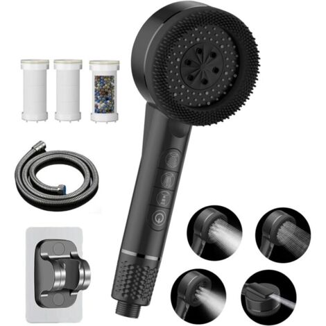 Pommeau de Duche Haute Pression,Pommeau Douche Economie Deau 4 Types de Jets Pommeau de Douche Anti Calcaire avec Tuyau Douche 1.5M et Support de Douche, avec Bouton D'arrêt D'eau Dark black (1/5)