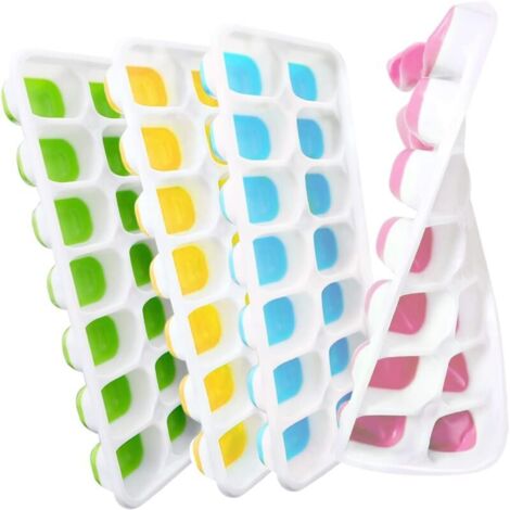 Lot de 4 bacs à glaçons en silicone de différentes couleurs et 14 compartiments avec couvercle, bac à glaçons sans BPA, facile à démouler, empilable, durable pour le café, la nourriture pour bébé (1/5)