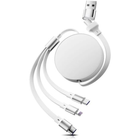 Câble de charge multiple 6 en 1, USB-C/Light-ning/Micro USB 100 W avec PD/QC, pour iPhone 16/15, Galaxy, Huawei, iPad - Câble de charge rétractable de 110 cm (jaune)
