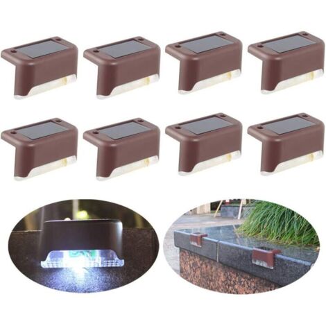 Lot de 8 lampes solaires LED étanches pour clôture, jardin, cour, terrasse, allée, escalier (marron, lumière blanche) (1/5)