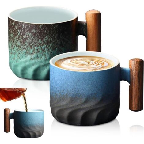 2 Pièces Tasse à Café en Céramique, Tasses à Café, Tasse Espresso Avec Poignee en Bois, Tasses à Expresso, Tasse Cappuccino, Verre Matcha, pour le Lait, le Thé (1/5)