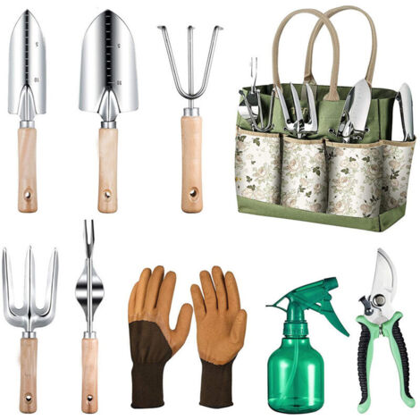 Outils de jardinage, ensemble de jardinage en acier inoxydable 9 pièces avec sac de rangement XL, arrosoir, gants, ensemble de jardinage cadeau pour hommes et femmes (1/4)