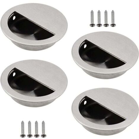 Lot de 4 Poignées Encastrables en Acier Inoxydable Argenté Poignée de Porte Coulissante Ronde Ø50mm avec un Trou Demi-Circulaire de 40 x 20mm Facile à Tirer - pour Porte Coulissante ou Autres Meubles (1/4)