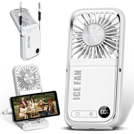 Mini ventilateur portable 5 en 1 pliable, tour de cou, de bureau, batterie externe 3 000 mAh, support de téléphone, ventilateurs personnels rechargeables USB avec écran LED numérique pour bureau, voya (1/5)