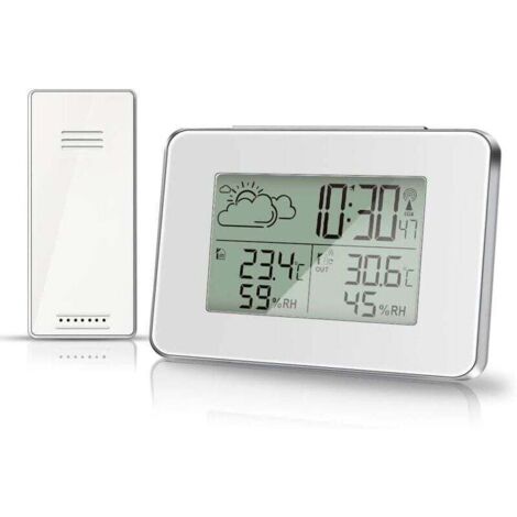 Station météo sans Fil hygromètre pour thermomètre extérieur intérieur avec capteur extérieur Écran LCD Moniteur d'humidité numérique de la température avec rétroéclairage (Blanc) (1/4)