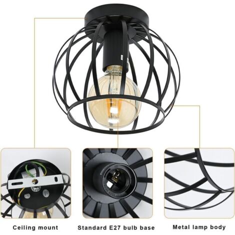 Plafonnier Vintage Industriel, Luminaire Plafonnier E27 Rétro Cage Design, Lampe de Plafond en Métal Pour Cuisine Chambre Entrée Couloir (Noir) (1/4)