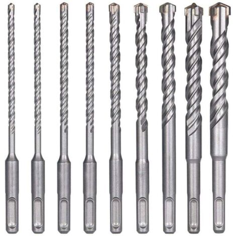 Lot de 9 forets SDS-Plus pour perceuse à percussion électrique pour percer la pierre, le béton, les murs de brique, les carreaux de céramique (5, 6, 6, 8, 8, 10, 12, 14, 16 x 160 mm) (1/4)