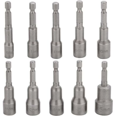 10 Pcs Embout Douille Visseuse à Choc 6-15mm Set Magnétique Hexagonale Douille Jeu de Embout Aimanté Perceuse Prise Hexagonale douille Set 1/4 Pouce pour Mandrin à Changement Rapide (1/4)