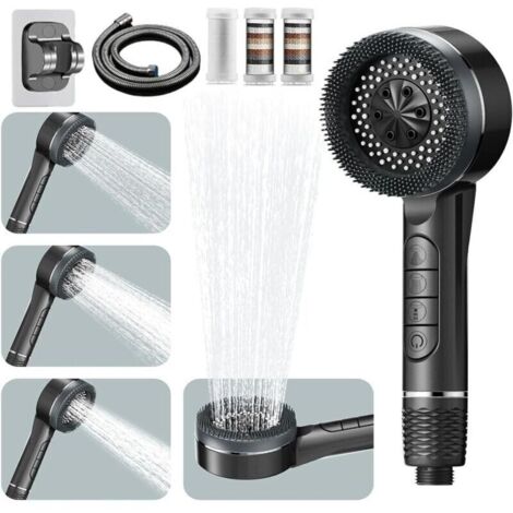 Pommeau de douche avec flexible de 1,5 m, Ion Drops pour eau dure, 4 modes, filtre Ion Drops avec interrupteur marche/arrêt, haute pression pour nettoyer les coins, la baignoire et les animaux, gris (1/4)