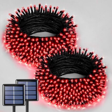 Guirlande lumineuse solaire rouge, 100 LED, 12 mètres, guirlande lumineuse solaire d'extérieur, 8 modes, adaptée à la décoration d'arbre de jardin de cour et de terrasse extérieure(2pcs) (1/4)