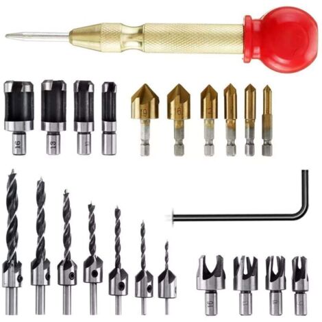 Jeu D'Outils de Chanfrein de Forage,Ensemble de 23 forets à fraiser, Coupe-Bouchon en Bois, Forets Fraisés avec Clé Hexagonale en L Et Poinçon Central automatique (1/4)