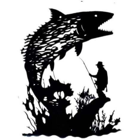 Métal Mur Art Jardin Poissons Tenture Murale Animaux Pêche Montagnes Arbres Rivières Artisanat Humain Art Ornement Silhouettes Maison Intérieur Extérieur Jardin Clôture 11 x 8 Pouce (1/4)