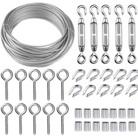 Kit de cble mtallique en acier inoxydable de 30.5 m avec tendeur de fil robuste M5, kit de rouleau de fil de clture, kit de garde-corps de cble, tendeurs de fil de jardin pour plantes grimpante (1/4)