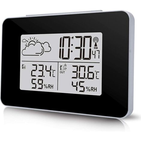Station Météo sans Fil, Horloge Météo Multifonctionnelle Numérique avec Météo Extérieure/Température/Humidité/Rétro-éclairage/Alarme Roupillon Une Fonction (Noir) (1/5)