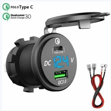 Chargeur Rapide USB C Voiture 12V / 24V QC 3.0 64W Double Prise Chargeur USB Étanche avec LED Voltmètre pour Voiture Aarine Moto Bateau Caravane