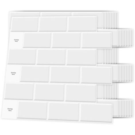 Lot de 10 Pièces,Credence Adhesive pour Cuisine,Carrelage Autocollant Métro Blanc,Papier Adhesif en Vinyle 3d Brique,30x30cm (1/4)