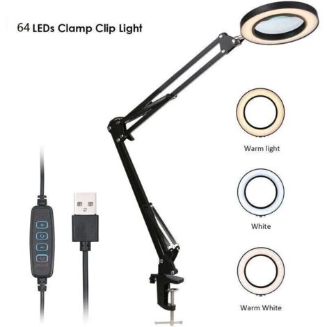 Loupe Loupe avec clip LED Grossissement 5x Luminosit rglable Dimmable 3 couleurs Changement de temprature Lampe de bureau Alimente par USB avec support flexible (1/4)