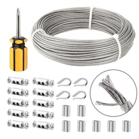 Cable Inox 3mm,50M/3mm Corde en Acier Inoxydable,Cable en Acier Revêtu avec Serre Cables,M3 Manchons,Cosses en Acier Inoxydable,3mm Cable Mtallique pour Fil a linge,Cable de Garde Corps (1/4)