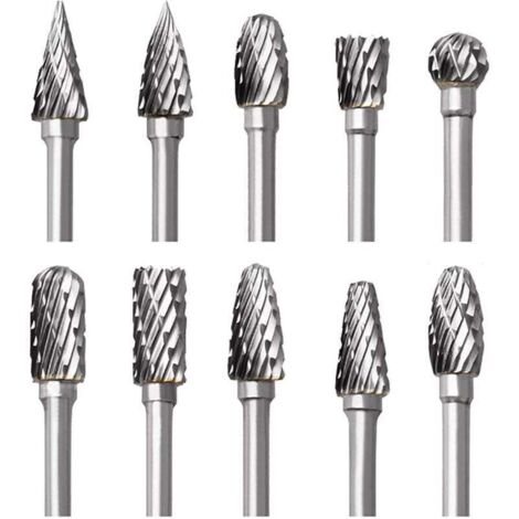 Jeu de Fraises en Carbure de Tungstène pour , 10 Pièces Fraises Rotatives à Double Coupe avec Tige de 1/8" pour Sculpture sur bois, Gravure, Perçage, Polissage, Travail du métal (1/4)