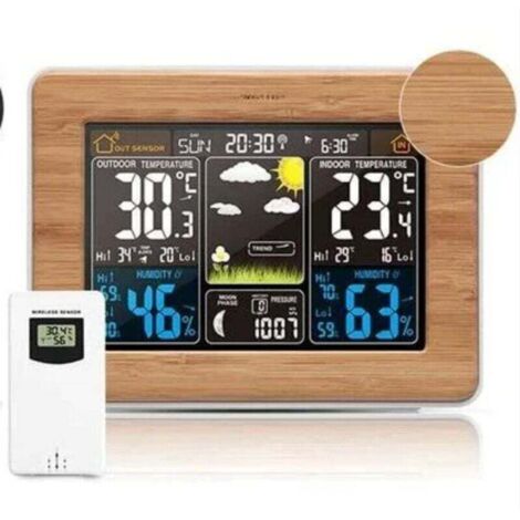 Station météorologique numérique couleur avec température / humidité / baromètre / calendrier / horloge météorologique multifonctionnelle (surface en bambou) (1/2)