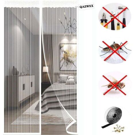 Moustiquaire magnétique robuste pour porte d'entrée, fermeture magnétique, maille épaisse et résistante aux déchirures, protège des insectes, blanche - Dimensions du rideau : 120 x 220 cm (1/4)