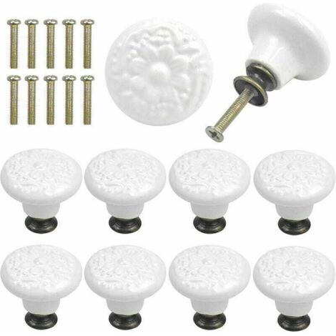 10 Pcs Bouton de Tiroir en Céramique Poignée de Meuble Ronde Gravure Vintage avec Vis - Blanc (1/4)
