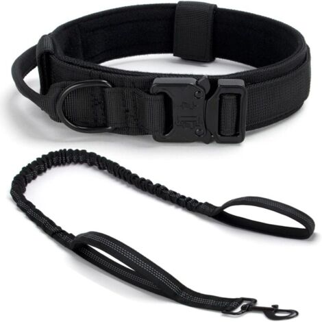 Collier de Chien Tactique Réglable avec Poignée et Boucle en Métal, Ensemble Collier et Laisse pour Chiens Moyens et Grands, Noir XL (1/4)
