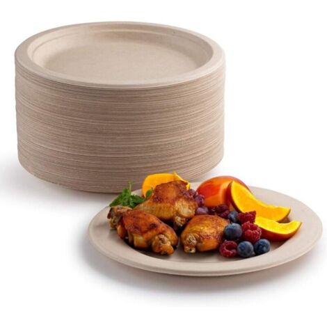 Enowelir 100 assiettes jetables 6 pouces assiettes en papier de canne à sucre biodégradables assiettes jetables écologiques-naturel (1/4)
