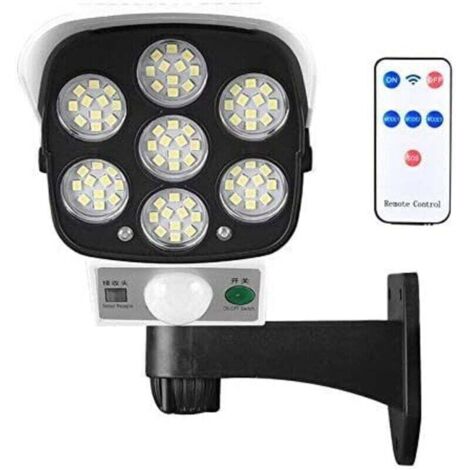 Lampe solaire d'extérieur avec détecteur de mouvement sans fil et caméra de sécurité factice IP66 étanche 77 LED lampe murale spot pour cour, jardin, terrasse, garage, allée (1/4)