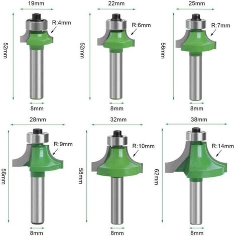 Lot de 6 Fraise Défonceuse à Bois 8 mm, Fraise Quart de Rond Tige 8 mm, Rainure Arrondie pour Travail Bois (6) (1/4)