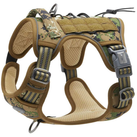 Harnais tactique pour chiens de petite et moyenne taille, réglable sans tension, réfléchissant, pour l'entraînement au travail K9, contrôle facile, gilet pour animaux, camouflage forêt, taille M (poit (1/4)