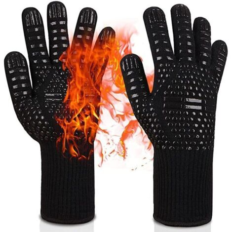 Gants grill Gants four Résistant à la chaleur jusqu'à 800°C Gants de cuisine Gants grill BBQ (noir) (1/4)