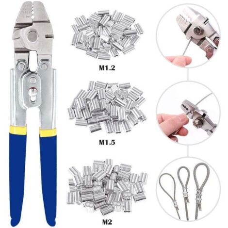 Outil de sertissage de câbles métalliques pour cable métallique jusqu'à 2,2 mm avec 150 manchons de sertissage double barillet en aluminium de 3 tailles (1/4)