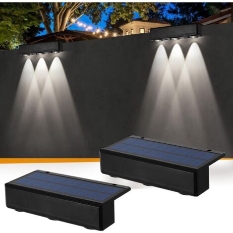 Enowelir Lampes Solaires pour Clôture de Jardin, Lot de 2 Appliques Murales Solaires à 3 LED Lampes Solaires étanches pour Escaliers Marches Extérieur Jardin Cour Escaliers Patio Terrasse (Blanc Chaud (1/4)