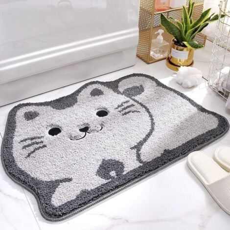 Tapis de bain animal mignon, absorbant, en microfibre, antidérapant, doux, à poils longs, lavable en machine, 50 x 80 cm, motif chat (1/4)