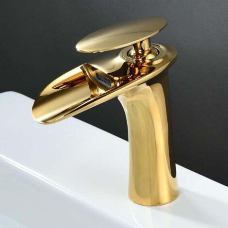 Robinet Salle de Bain Cascade Mitigeur de Lavabo Bec Haut pour Vasque Robinet Lavabo - Or (1/4)